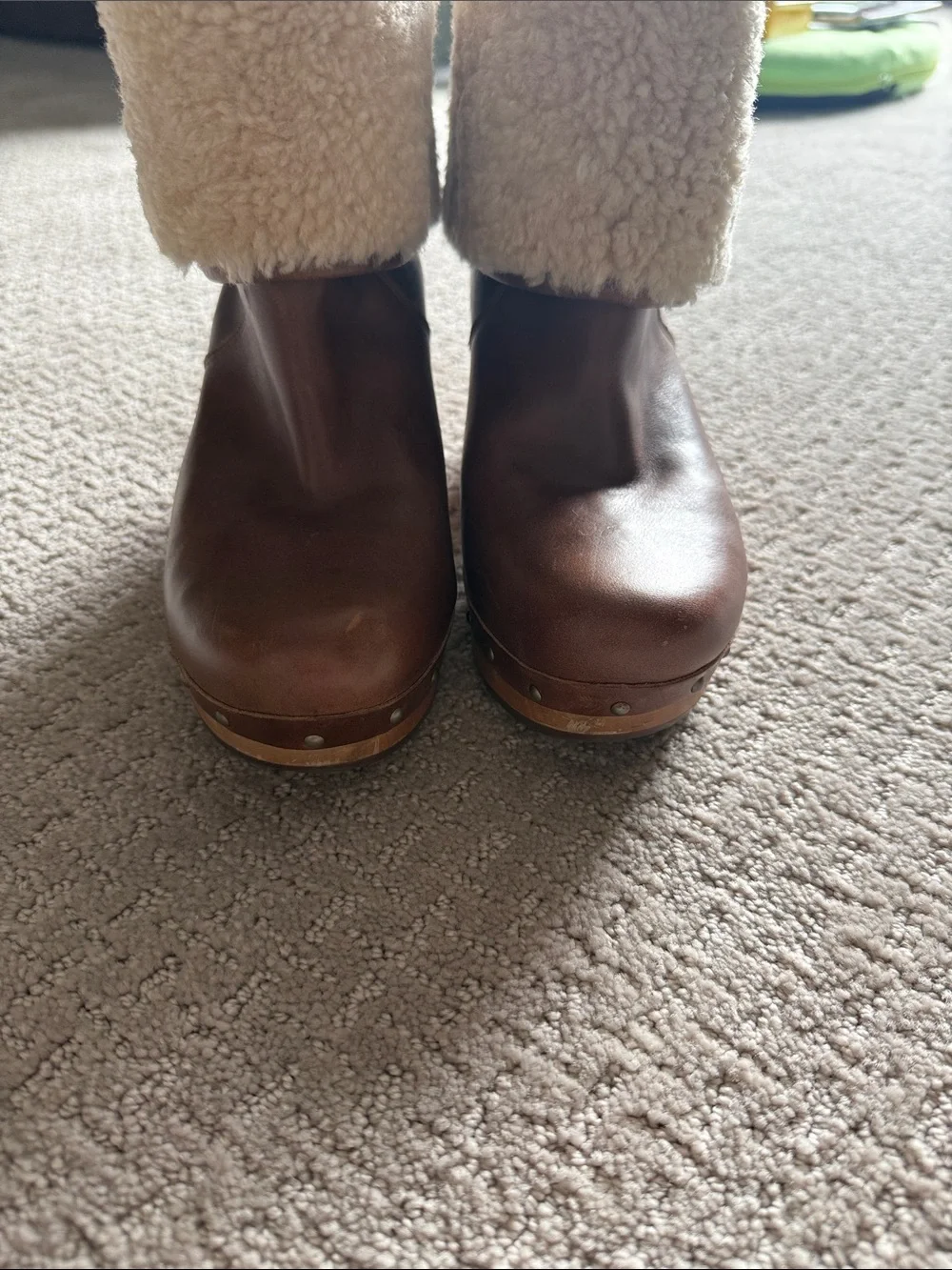 UGG Brown Leather Shearling Clog Booties with Studded Wooden Heel